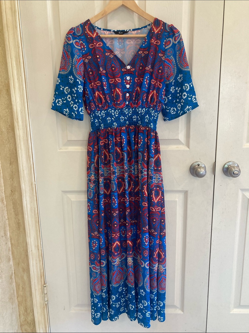 Blue Paisley Maxi Dress with Smocked Waist and V-Neck